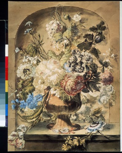 "有花的静物" 扬-凡-奥斯（1744-1808 年）的水彩画 18 世纪 莫斯科普希金博物馆 作者 扬·范·奥斯