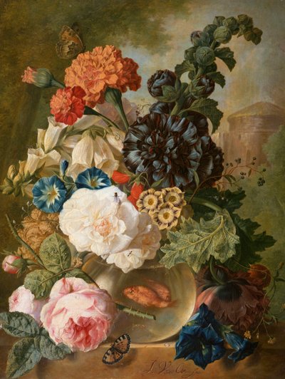 玫瑰，菊花，牡丹和其他花朵在玻璃花瓶里，在石壁架上有金鱼 作者 扬·范·奥斯