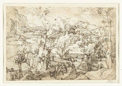 有岩石、人物和帆船的风景画 作者 Jan van Scorel（归因于）