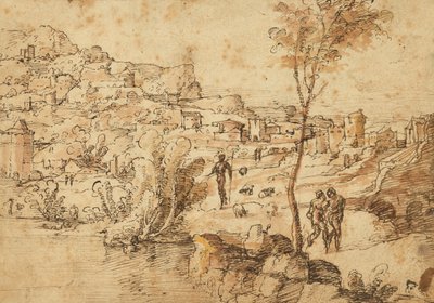 风景与河边的牧羊人和河边的小镇（正面）；人物研究和罗马遗址（背面） 作者 扬·范·斯柯（Jan van Scorel）