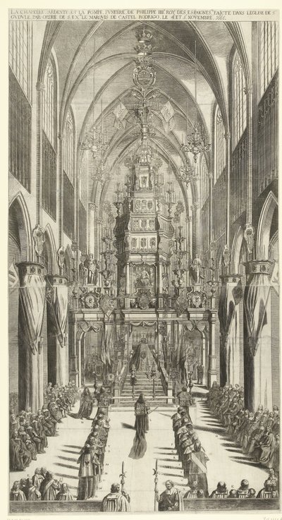 Lijkdienst voor Filips IV te Brussel, 1665
La chapelle ardente, et la pompe funebre de Philippe IIIe roy des Espaignes faicte dans le église de Ste. Gudule par ordre de s. exce. 作者 扬·范·特洛伊恩