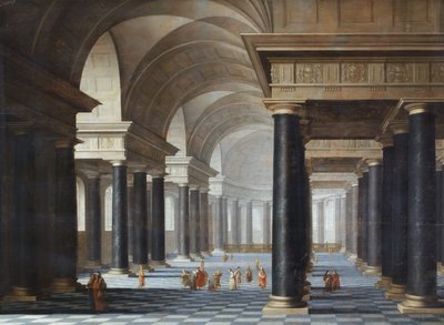 教堂内部，黑色大理石柱和身着古装的人物 作者 扬·范·沃赫特