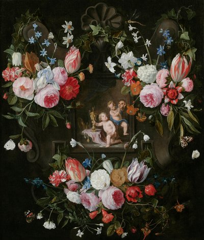 花花公子的静物画围绕着与昂贵的物体和面具的Putti的寓言形象，1648年 作者 Jan van and Balen, Hendrik van Kessel
