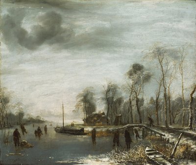 1653年，在冰冻的水道上有溜冰者和足球运动员的冬季风景 作者 Jan van de Capelle或Cappelle