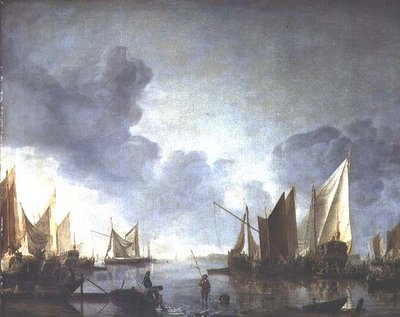 风平浪静，一位政要在一艘国营驳船上预示着，前景是渔民。 作者 Jan van de Capelle或Cappelle