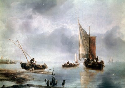 一艘小船在轻风中，另一艘在岸上，约1650-1660年，由Jan van de Cappelle（1624-约1679）创作，布面油画，34，8x48 作者 Jan van de Capelle或Cappelle