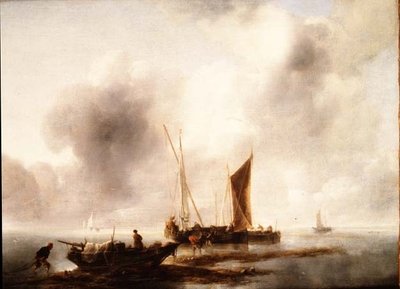渔民在平静的环境中卸下他们的渔获 作者 Jan van de Capelle或Cappelle