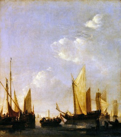 停泊在平静海面上的船只，约 1650 年（油画板） 作者 Jan van de Capelle或Cappelle