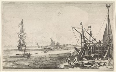 Havenhoofd met vissers die hun netten binnenhalen Zeegezichten (series title) 作者 扬·范德维尔德 (II)
