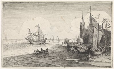 教堂附近的船只和海岸
海景（系列名称） 作者 Cornelis Claesz van Wieringen (可能)