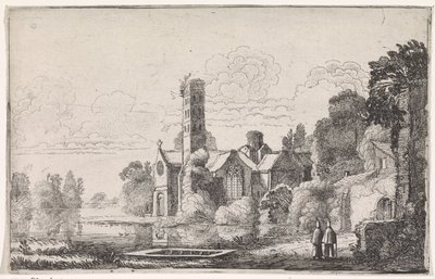 河流景观中修道院的两名修士 河流风景（系列名称） 作者 Willem Pietersz Buytewech (可能)