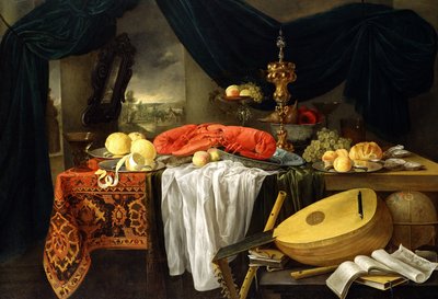 静物与龙虾，柠檬和琵琶，1645年 作者 Jan van den Hecke