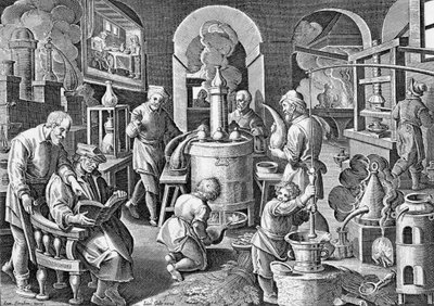 蒸馏..:In igne succus omnium, arte, corporum, Vigens fit unda, limpida and potissima.16世纪Jan van der Straet的雕刻，关于蒸馏的不同阶段。 作者 扬·范德·斯特雷特