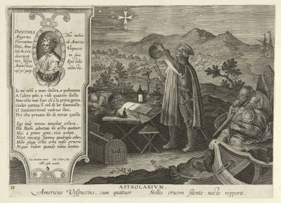 Amerigo Vespucci 用星盘发现南十字星，来自 Nova Reperta，酒吧。 1600（雕刻） 作者 扬·范德·斯特雷特