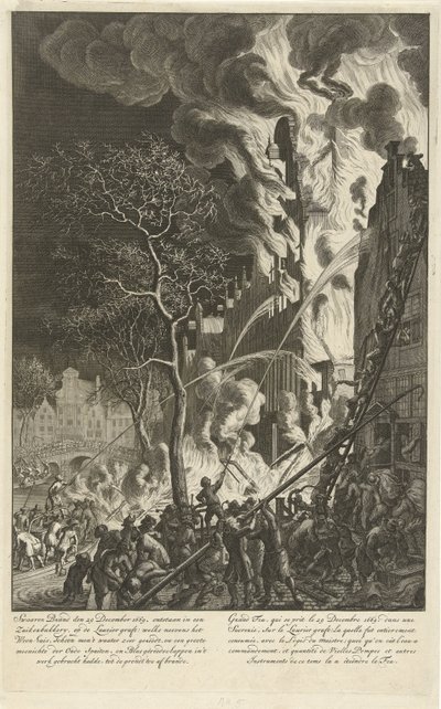 1669 年阿姆斯特丹劳里埃港的火灾
Swaaren brand den 29 december 1669. ontstaan in een zuikerbakkery, op de Laurier graft (...) / Grand feu, qui se prit le 29 decembre 1669. dans une sucrerie, sur le Laurier graft (...) （标题见实物） 作者 扬·范德·海登
