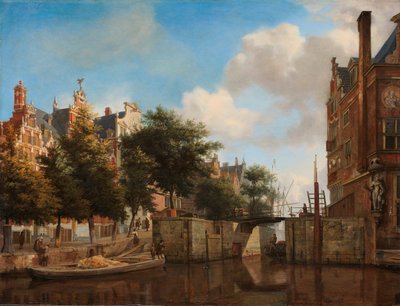阿姆斯特丹城市景观，Herengracht 和老 Haarlemmersluis 上的房屋 Nieuwe Zijds Voorburgwal 和 Oude Haarlemmersluis，阿姆斯特丹（地形自由） 作者 扬·范德·海登