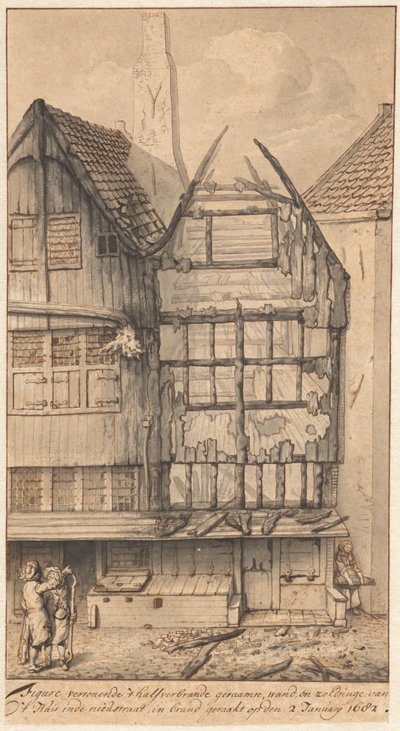 Oude Nieuwstraat 两座被烧毁的房屋，1682 年 作者 扬·范德·海登