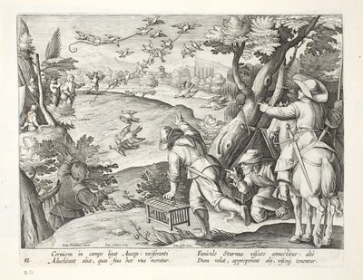 Fowlers捕捉乌鸦，插图来自&39;Venationes，Ferarum，Avium，Piscium&39;（狩猎：野兽，鸟类，鱼类），由Jan Collaert（1566-1628）雕刻，酒吧。作者：Phillipus Gallaeus，阿姆斯特丹（英国） 作者 扬·范德·斯特雷特