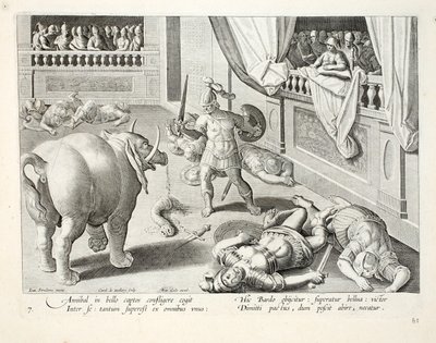 汉尼拔让被击败的罗马人互相争斗，插图来自&39;Venationes，Ferarum，Avium，Piscium&39;（狩猎：野兽，鸟类，鱼类），由Jan Collaert（1566-1628），酒吧雕刻。菲利普斯 作者 扬·范德·斯特雷特
