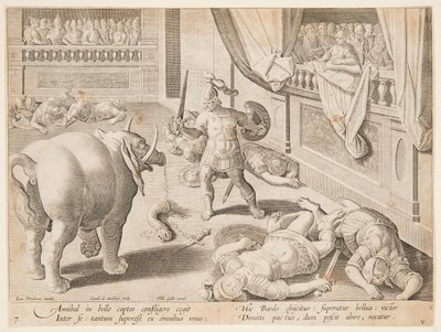 罗马士兵与汉尼拔的一头大象搏斗，《Venationes Ferarum, Avium, Piscium》系列中的第7幅。 作者 卡雷尔·范·马勒里（Karel van Mallery）