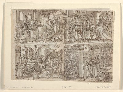 正面：四幅 "Vermis Sericus"（造丝）系列版画的初步设计。左上图绕丝。左下：准备桑叶。右上图：将桑叶放在架子上。右下图：给蚕喂桑叶。Ve 作者 扬·范德斯特雷特（Jan van der Straet），又名斯特拉达努斯