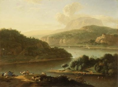 河流景观，前景是牧羊人和农妇 作者 扬·范德（Jan van der the Younger Meer）