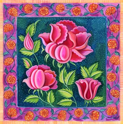 粉红色的花朵，1997年，（墨水和水粉） 作者 Jane Tattersfield