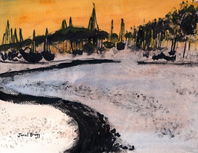 水墨中的 Cap Sante 码头，约 2020 年（纸上水墨和水彩画） 作者 贾内尔·布拉格