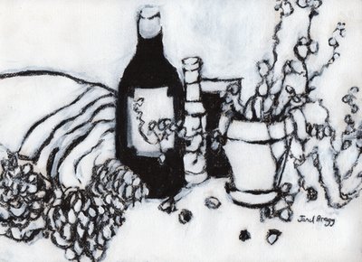 有橄榄油和松果的静物，约 2017 年（纸上炭笔和石膏粉） 作者 贾内尔·布拉格