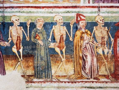 Hrastovlje强化教堂，三一教堂，死亡伴随着主教和僧侣，死亡之舞（1490），Janez Iz Kastva的壁画细节，斯洛文尼亚 作者 珍妮丝·卡斯塔夫（Janetz Kastav）