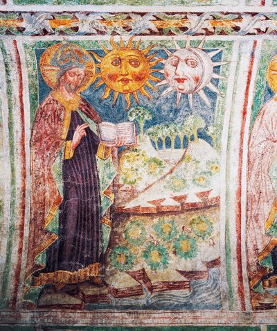 Hrastovlje强化教堂，三一教堂，创世纪，上帝创造了太阳、月亮和星星（1490），Janez Iz Kastva的壁画细节，斯洛文尼亚 作者 珍妮丝·卡斯塔夫（Janetz Kastav）
