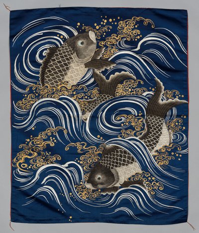 带有波浪中的鲤鱼的礼品封面（福草 作者 日本，明治时代