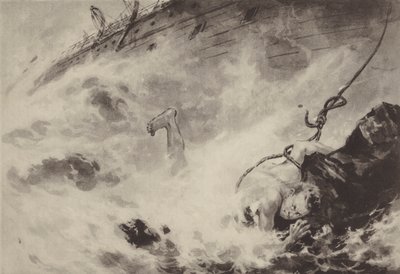 一名日本水手在海难中用绳索上岸（石版画） 作者 日本学校