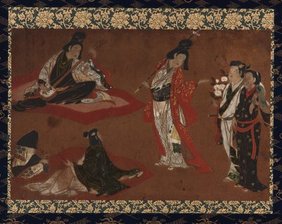 一个野餐派对，挂轴（安装在面板上），17世纪初（纸上的颜色和金色） 作者 日本学校