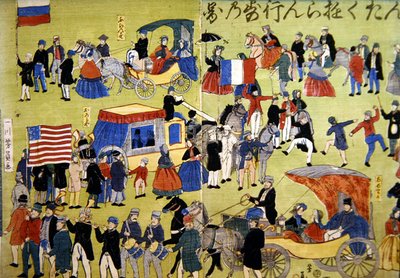 抵达日本横滨的美国、荷兰和法国游客，约1860年（彩色木刻）。 作者 日本学校
