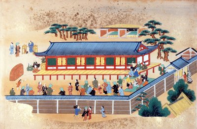 射箭比赛，恩格尔贝特-肯普费尔创作的《肯普费尔日本和中国艺术收藏》中的插图，约 1672 年（彩色石版印刷）。 作者 日本学校