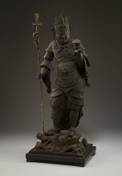 毗沙门天(Vaisravana，北方的守护者)(木头加金属和金箔) 作者 日本学校