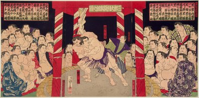 Umegatani Totaro I（1845-1928）和Haibirya之间的相扑战斗。 打印大约 1860-1870 年 - 摔跤比赛 Umegatani 对 Haibirya，匿名。 彩色木刻 作者 日本学校