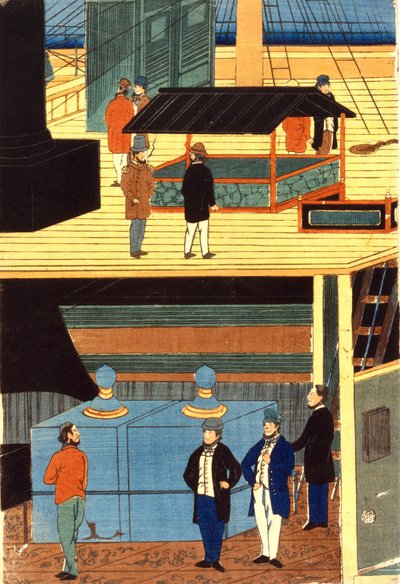 一艘欧洲船的横截面，显示甲板上、顶层和下层甲板上穿着欧洲服装的男子：日本横滨 作者 日本学校