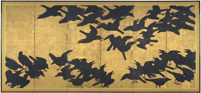 乌鸦，十七世纪初（六对屏风；纸上的墨水和金色） 作者 日本学校