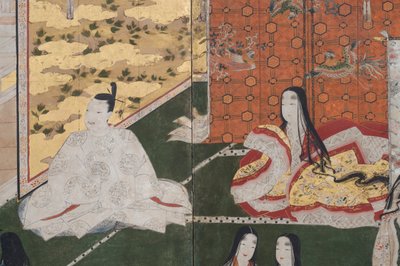 宫殿里的春天的细节，源于源氏物语的六重屏幕，c.1650（墨水，颜色和纸上的黄金） 作者 日本学校