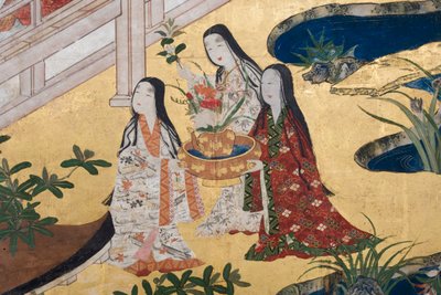 宫殿里的春天的细节，源于源氏物语的六重屏幕，c.1650（墨水，颜色和纸上的黄金） 作者 日本学校