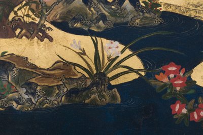 宫殿里的春天的细节，源于源氏物语的六重屏幕，c.1650（墨水，颜色和纸上的黄金） 作者 日本学校