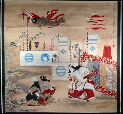 女皇Jingo Kogo和老将军Takeshi Vchi No Sukune，持有女皇Homuda的儿子 - 鲤鱼旗帜象征着女皇的儿子 作者 日本学校