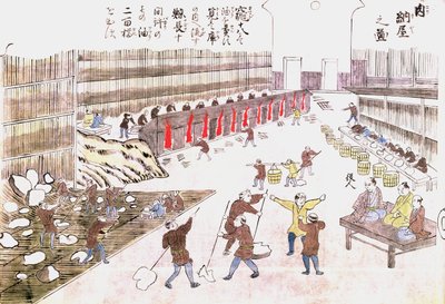工厂准备鲸鱼产品，19世纪末（彩色雕刻） 作者 日本学校