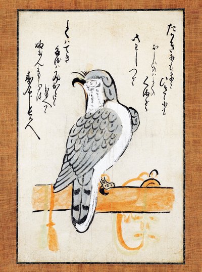 拴在鲈鱼上的猎鹰，竖卷插图，19 世纪晚期，纸上水墨和彩色，43x2.5 厘米，日本文明，明治时期 作者 日本学校