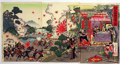 一群日本军官调查日本和中国军队之间的战斗，这是19世纪末中日战争的一集（彩色木版画） 作者 日本学校