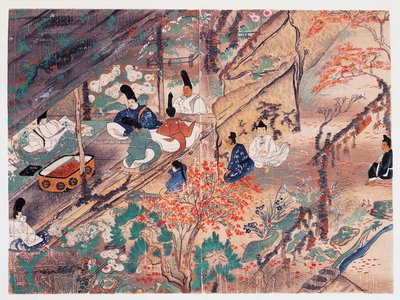 平安时代的政治家和诗人菅原道真（845-903 年），人称天神，流亡于京都北野天满宫，正在分割曾经的天皇藤原信纲（1176-1268 年）捐赠的衣物，镰仓时代（1185-1333 年），日本 作者 日本学校