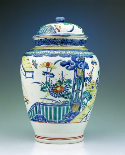 用Kakiemon珐琅装饰的罐子和盖子，c.1680（瓷器） 作者 Japanese School