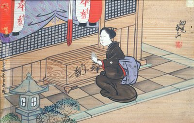 在神道教寺庙祈祷的女士（在木头上的水粉） 作者 日本学校